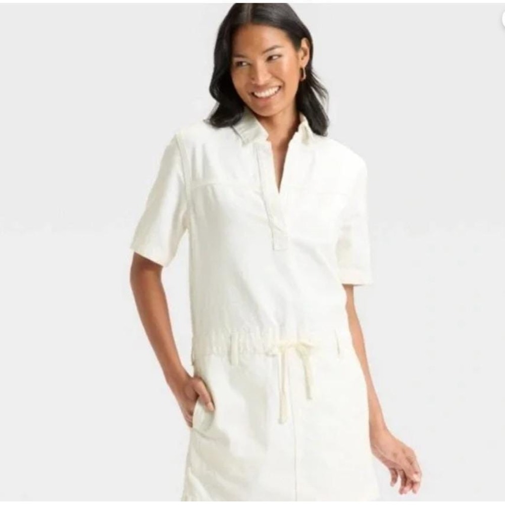 Women's Universal Thread Short Sleeve Drop Waist Drawstring Denim Mini Dress L - Picture 5 of 5